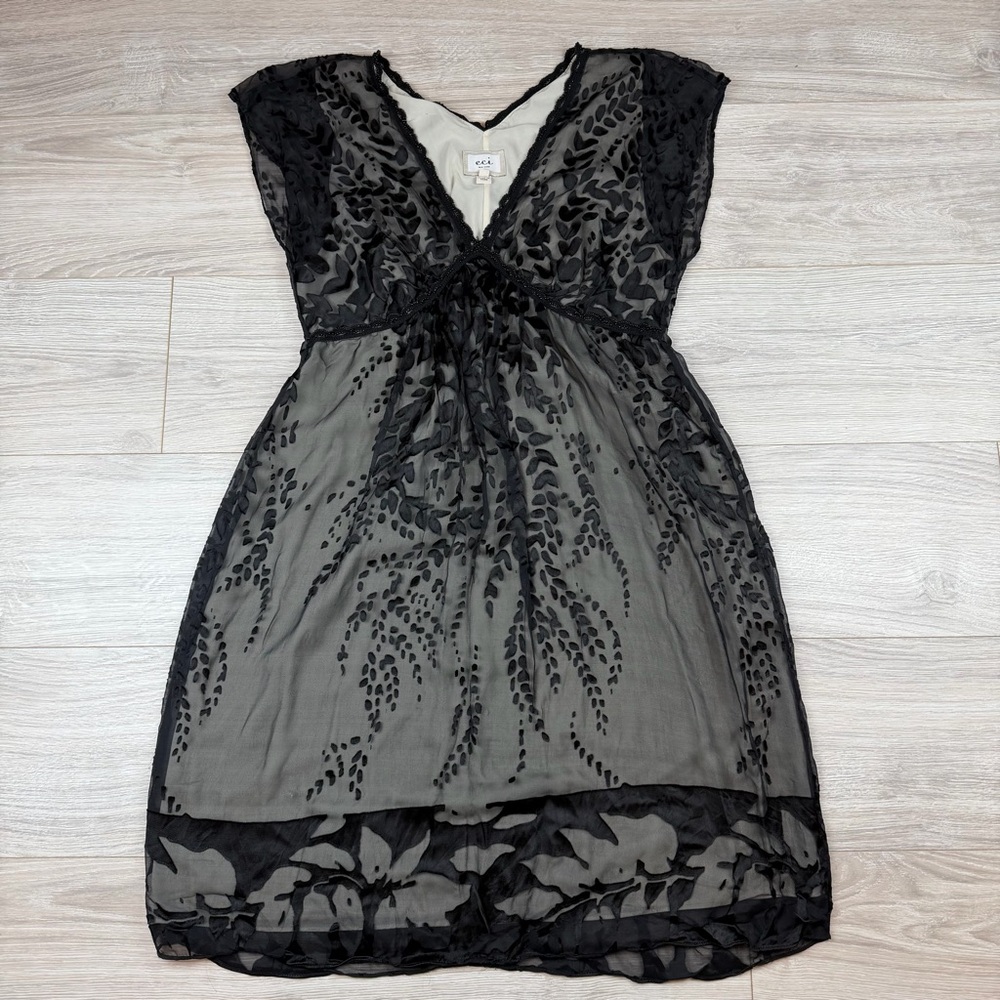 ECI Sheer Lined Black Babydoll Empire Waist Dress‎ V-Neck Y2K Whimsygoth Size 10